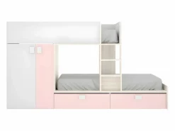 Vente-unique Cama tren armario e 2 x 90 x 190 cm blanco natural y rosa JUANITO
