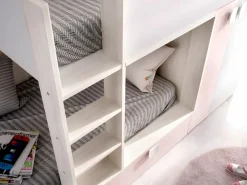 Vente-unique Cama tren armario e 2 x 90 x 190 cm blanco natural y rosa JUANITO