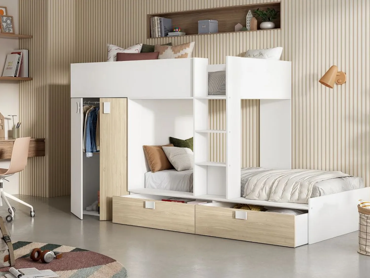 Clearance Cama tren armario e 2 x 90 x 190 cm blanco y natural JUANITO Cama Litera