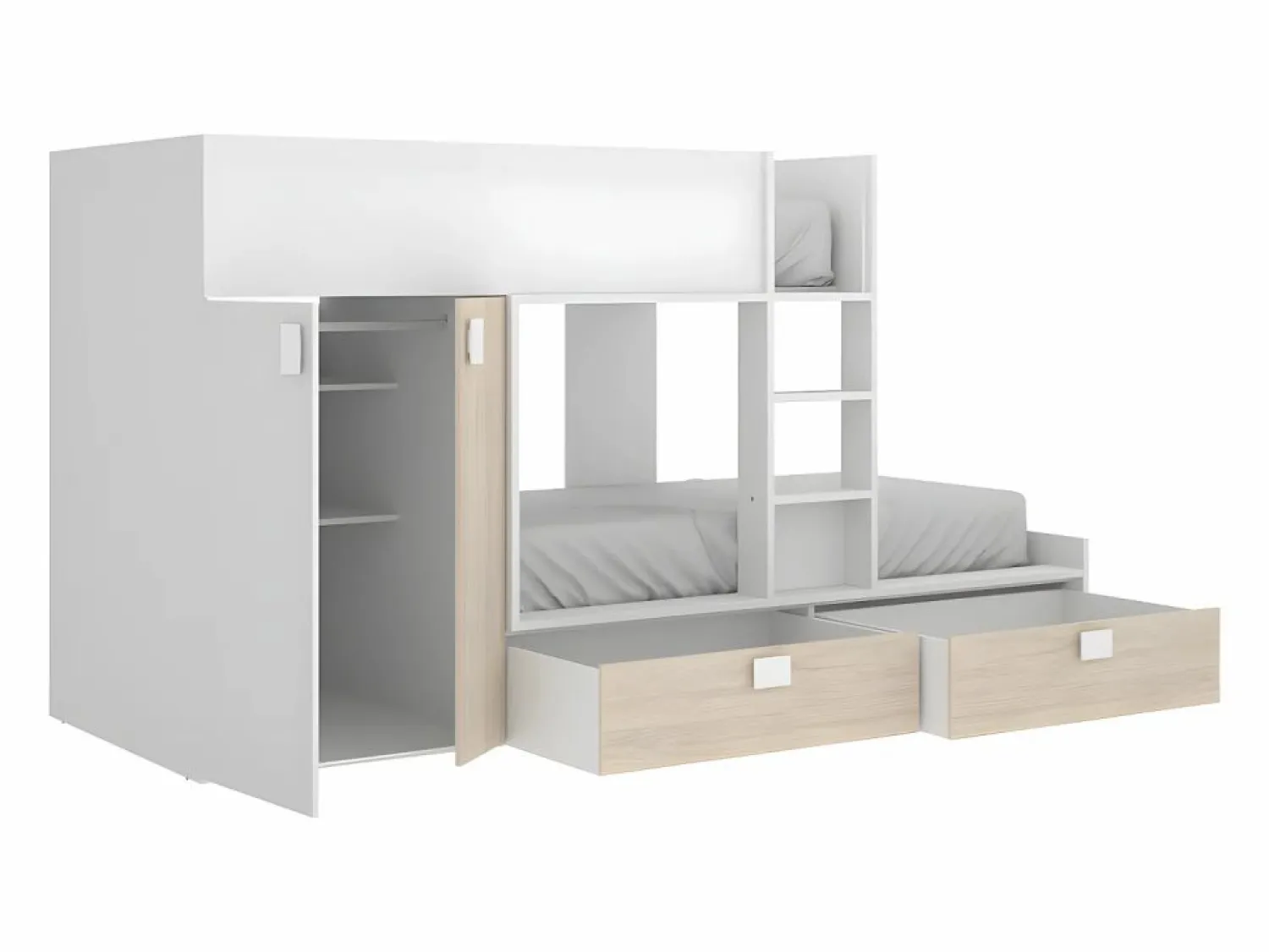 Clearance Cama tren armario e 2 x 90 x 190 cm blanco y natural JUANITO Cama Litera