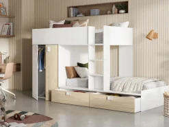 Vente-unique Cama tren con armario e 2 x 90 x 190 cm blanco y natural con colchón JUANITO