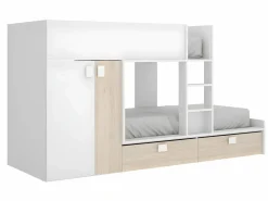 Vente-unique Cama tren con armario e 2 x 90 x 190 cm blanco y natural con colchón JUANITO