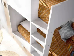 Vente-unique Cama tren con armario e 2 x 90 x 190 cm blanco y natural con colchón JUANITO