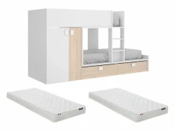 Vente-unique Cama tren con armario e 2 x 90 x 190 cm blanco y natural con colchón JUANITO