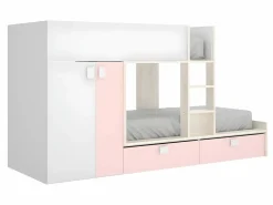 Clearance Vente-unique Cama tren con armario e 2 x 90 x 190 cm blanco natural y rosa con colchón JUANITO Rosa palo / Blanco