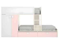 Clearance Vente-unique Cama tren con armario e 2 x 90 x 190 cm blanco natural y rosa con colchón JUANITO Rosa palo / Blanco