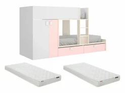 Clearance Vente-unique Cama tren con armario e 2 x 90 x 190 cm blanco natural y rosa con colchón JUANITO Rosa palo / Blanco