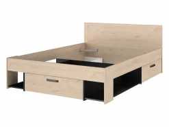 New Cama 140x190/200 cm con almacenamiento color natural y negro + somier + colchón - KINSELIA Cama Con Almacenaje|Cama Adulto