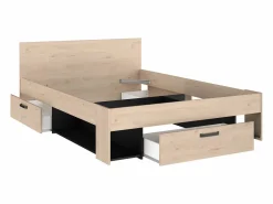 New Cama 140x190/200 cm con almacenamiento color natural y negro + somier + colchón - KINSELIA Cama Con Almacenaje|Cama Adulto