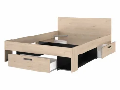 New Cama 140x190/200 cm con almacenamiento color natural y negro + somier + colchón - KINSELIA Cama Con Almacenaje|Cama Adulto