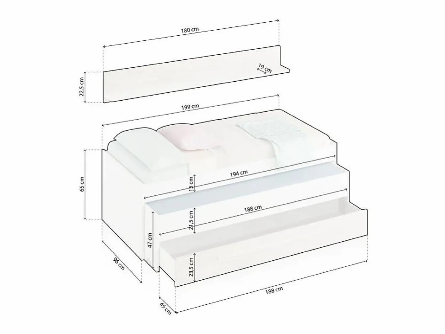 Outlet Cama y estante aglomerado sin somieres y colchones 65x199x96cm Cama Diván