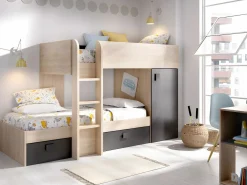 Clearance Camas tren modulares rinconeras compartimentos y colchón 2x90x190 cm roble y antracita RICARDO Cama Litera