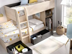 Vente-unique Camas tren modulares rinconeras con compartimentos 2x90x190 cm. roble y antracita. RICARDO