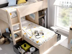 Vente-unique Camas tren modulares rinconeras con compartimentos 2x90x190 cm. roble y antracita. RICARDO
