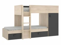 Vente-unique Camas tren modulares rinconeras con compartimentos 2x90x190 cm. roble y antracita. RICARDO