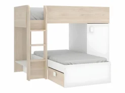 Vente-unique Camas tren modulares rinconeras con compartimentos 2x90x190 cm. roble y blanco. RICARDO