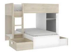 Vente-unique Camas tren modulares rinconeras con compartimentos 2x90x190 cm. roble y blanco. RICARDO