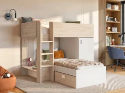 Sale Camas tren modulares rinconeras compartimentos y colchón 2x90x190 cm roble y blanco. RICARDO Cama Litera