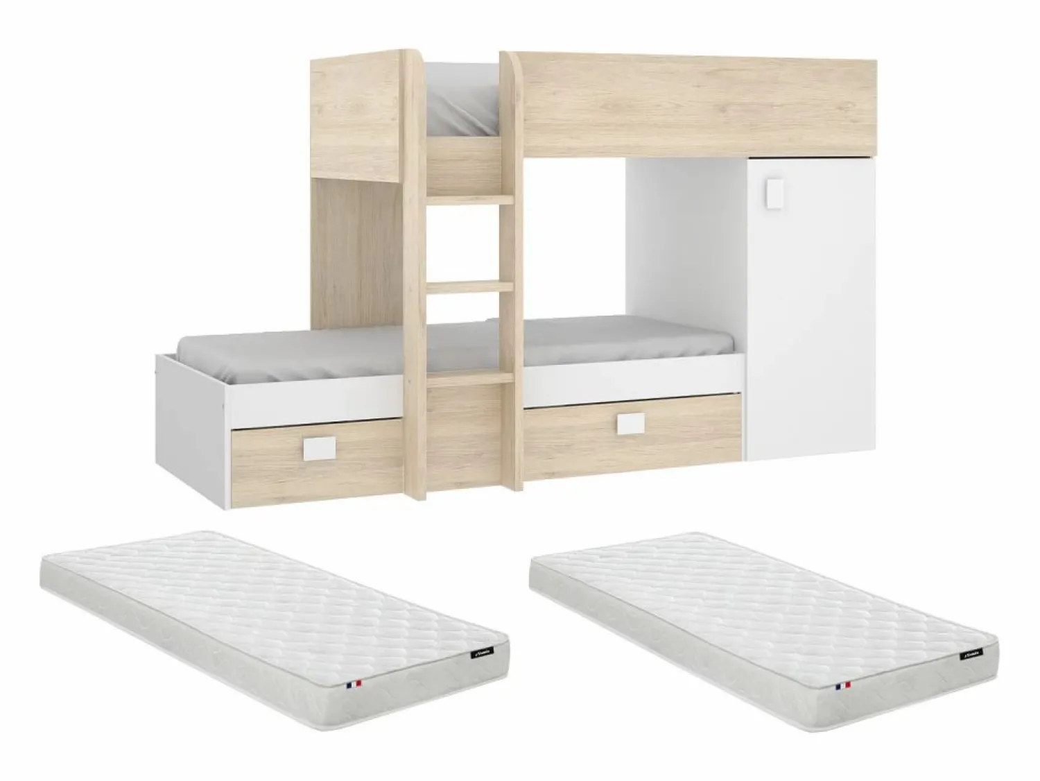 Sale Camas tren modulares rinconeras compartimentos y colchón 2x90x190 cm roble y blanco. RICARDO Cama Litera