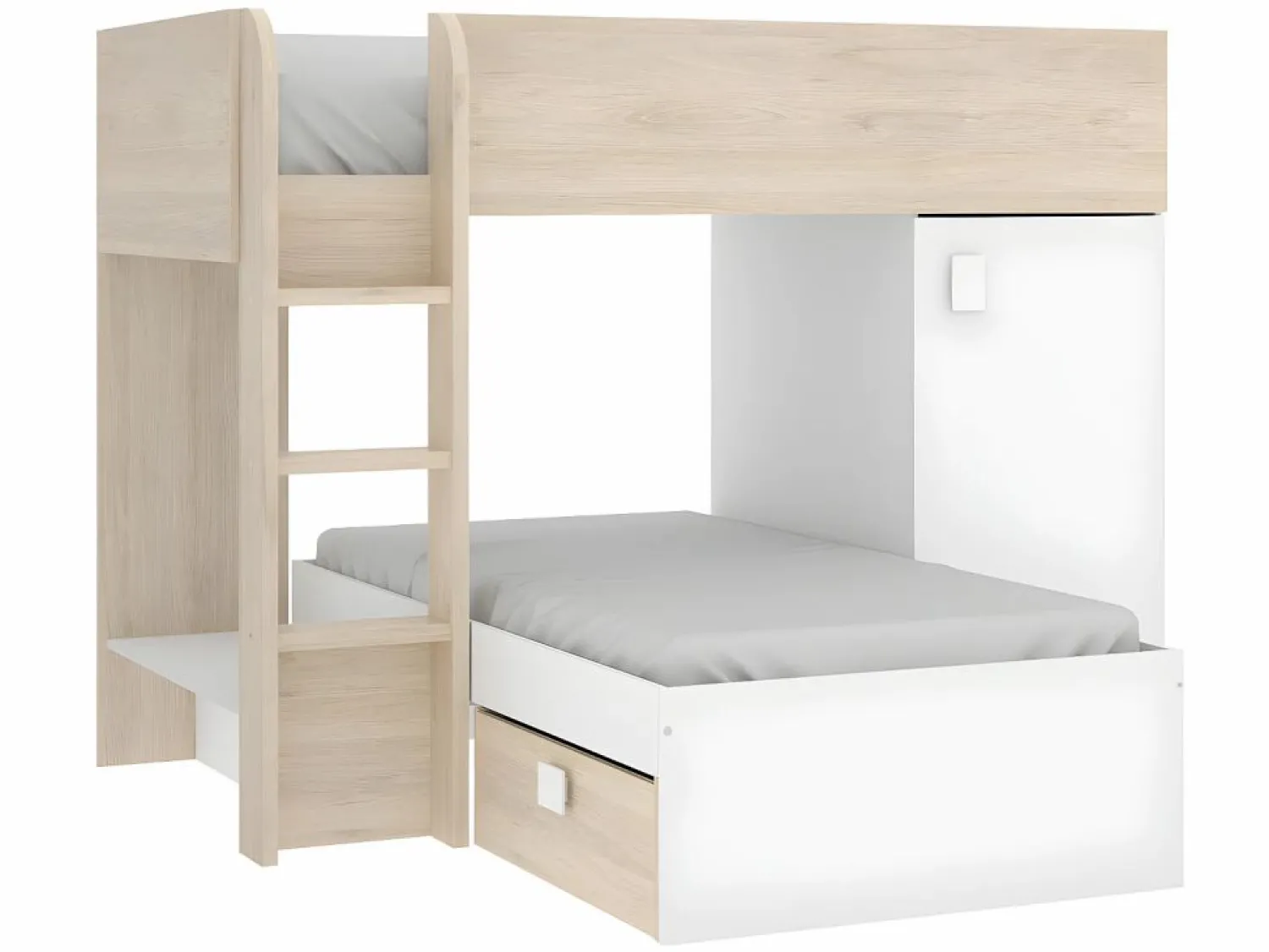 Sale Camas tren modulares rinconeras compartimentos y colchón 2x90x190 cm roble y blanco. RICARDO Cama Litera