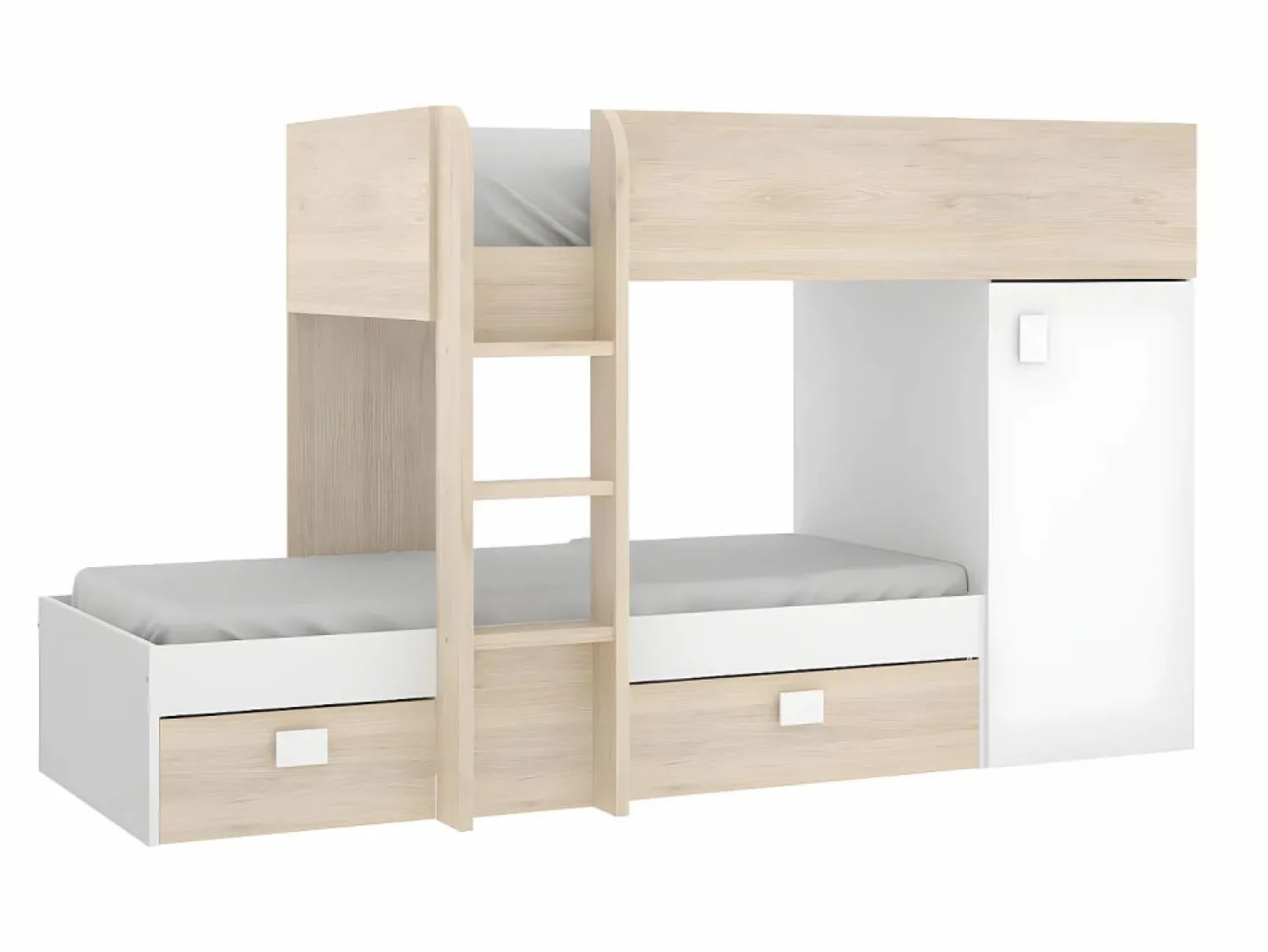 Sale Camas tren modulares rinconeras compartimentos y colchón 2x90x190 cm roble y blanco. RICARDO Cama Litera