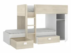 Sale Camas tren modulares rinconeras compartimentos y colchón 2x90x190 cm roble y blanco. RICARDO Cama Litera