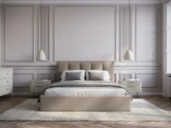 New Canapé abatible 140 x 190 cm con cabecero con costuras verticales tela taupe - KILACLO Cama Con Canapé