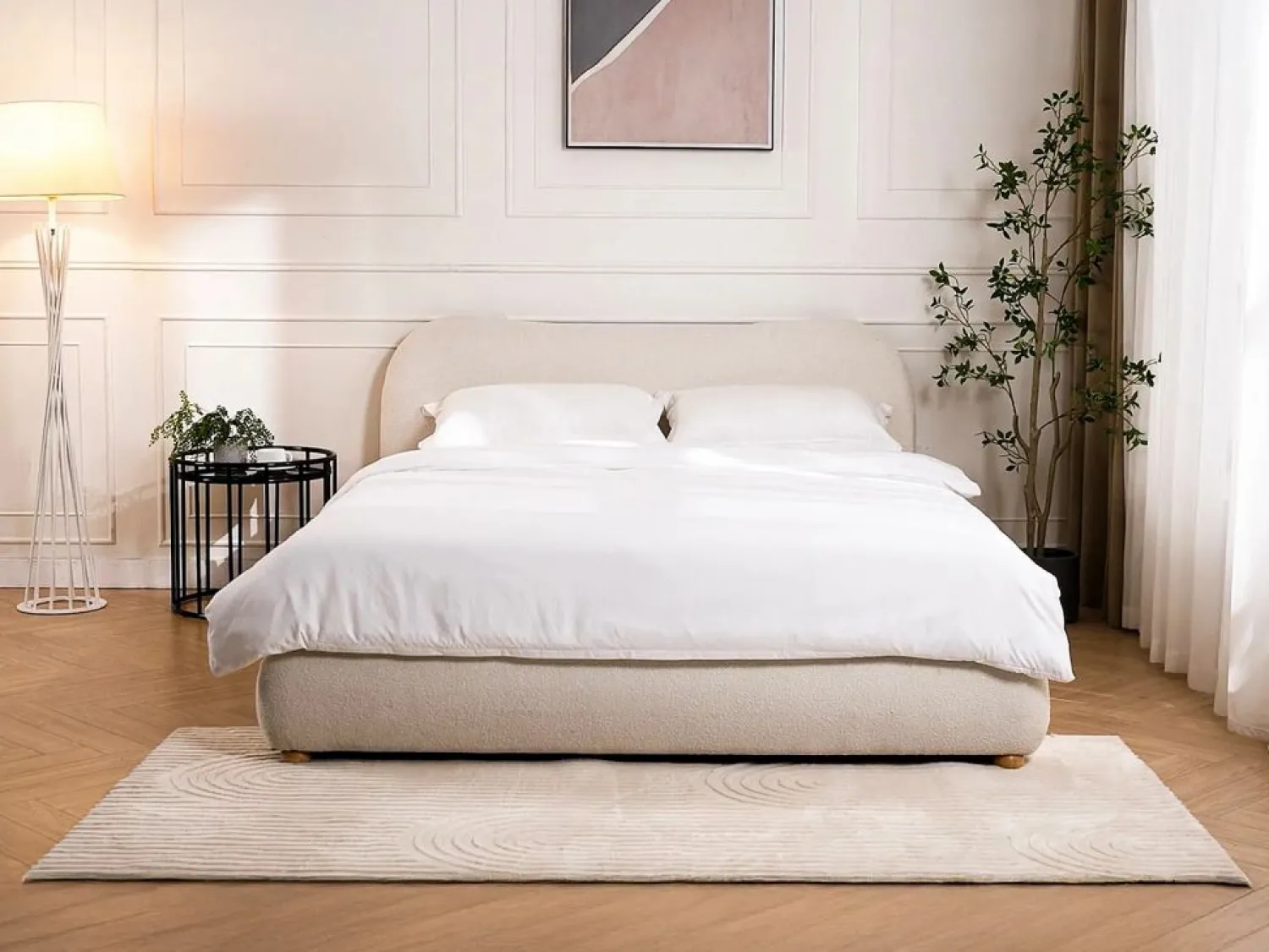 Outlet Vente-unique Canapé abatible 180 x 200 cm en tela bouclé beige + colchón - VANARI Blanco