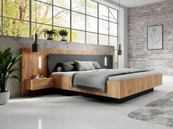 Vente-unique Canapé abatible con mesitas de noche 140 x 190 cm 2 cajones y LEDs natural y antracita - FRANCOLI