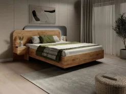 Vente-unique Canapé abatible con mesitas de noche 160 x 200 cm y LEDs en color natural y antracita - DESADO Gris antracita / Color natural claro