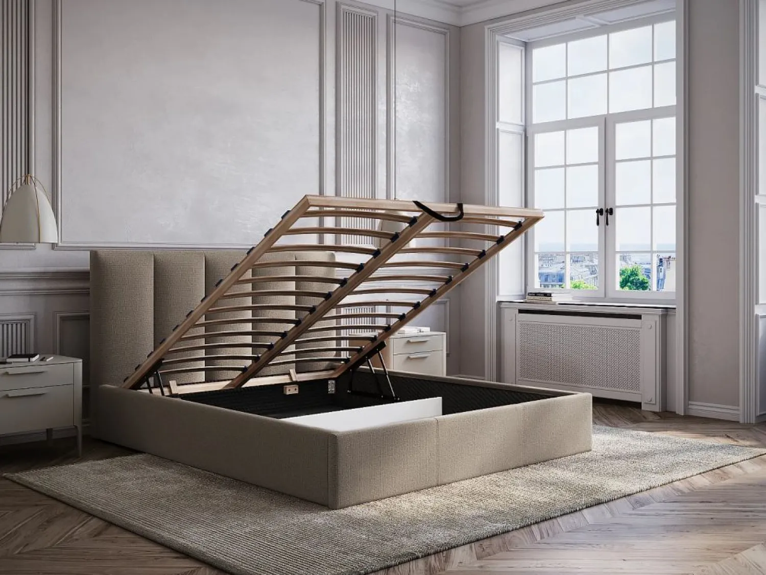 Online Canapé abatible de 160 x 200 cm con cabecero con costuras verticales tela taupe + colchón - KILACLO Cama Con Canapé|Cama Con Almacenaje
