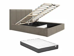 Online Canapé abatible de 160 x 200 cm con cabecero con costuras verticales tela taupe + colchón - KILACLO Cama Con Canapé|Cama Con Almacenaje