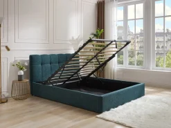 Vente-unique Canapé abatible de 160 x 200 cm de tela bouclé azul petróleo - MAZIRI