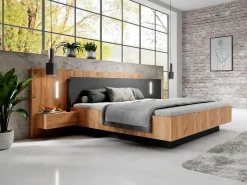 Canapé abatible y mesitas de noche en 160 x 200 cm con luces LEDs natural y antracita - FRANCOLI Cama Con Canapé|Cama Con Almacenaje