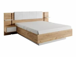 Outlet Canapé abatible y mesitas de noche 160 x 200 cm natural y blanco con LEDs - ELYNIA Cama Con Canapé|Cama Con Almacenaje