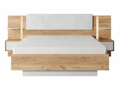 Outlet Canapé abatible y mesitas de noche 160 x 200 cm natural y blanco con LEDs - ELYNIA Cama Con Canapé|Cama Con Almacenaje