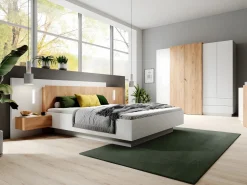 Online Vente-unique Canapé abatible y mesitas de noche 160 x 200 cm con luces LEDs blanco y natural + colchón - FRANCOLI Color natural claro / Blanco