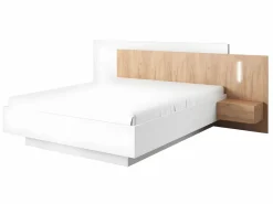 Online Vente-unique Canapé abatible y mesitas de noche 160 x 200 cm con luces LEDs blanco y natural + colchón - FRANCOLI Color natural claro / Blanco