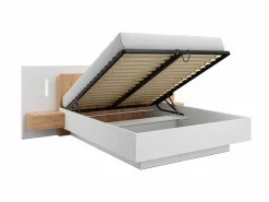 Online Vente-unique Canapé abatible y mesitas de noche 160 x 200 cm con luces LEDs blanco y natural + colchón - FRANCOLI Color natural claro / Blanco
