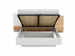 Online Vente-unique Canapé abatible y mesitas de noche 160 x 200 cm con luces LEDs blanco y natural + colchón - FRANCOLI Color natural claro / Blanco