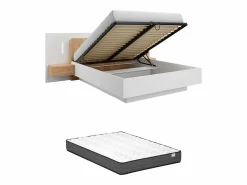 Online Vente-unique Canapé abatible y mesitas de noche 160 x 200 cm con luces LEDs blanco y natural + colchón - FRANCOLI Color natural claro / Blanco