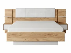New Canapé abatible y mesitas de noche 160 x 200 cm natural y blanco con LEDs + colchón - ELYNIA Cama Con Canapé|Cama Adulto