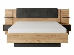 Vente-unique Canapé abatible y mesitas de noche 140 x 190 cm y LEDs en color natural y antracita - ELYNIA