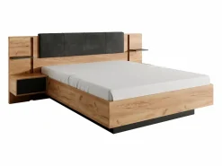 Vente-unique Canapé abatible y mesitas de noche 160 x 200 cm natural y antracita con LEDs - ELYNIA