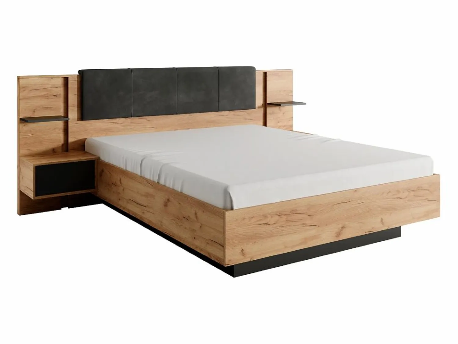 Vente-unique Canapé abatible y mesitas de noche 160 x 200 cm natural y antracita con LEDs - ELYNIA