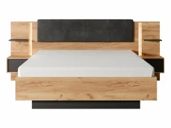 Vente-unique Canapé abatible y mesitas de noche 160 x 200 cm natural y antracita con LEDs - ELYNIA