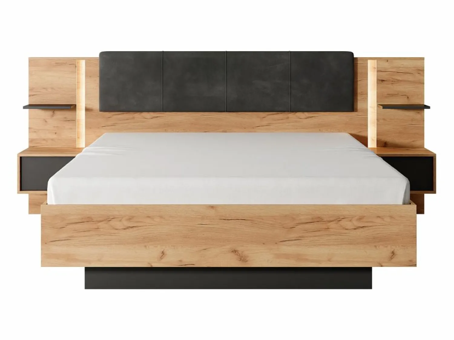 Vente-unique Canapé abatible y mesitas de noche 160 x 200 cm natural y antracita con LEDs - ELYNIA