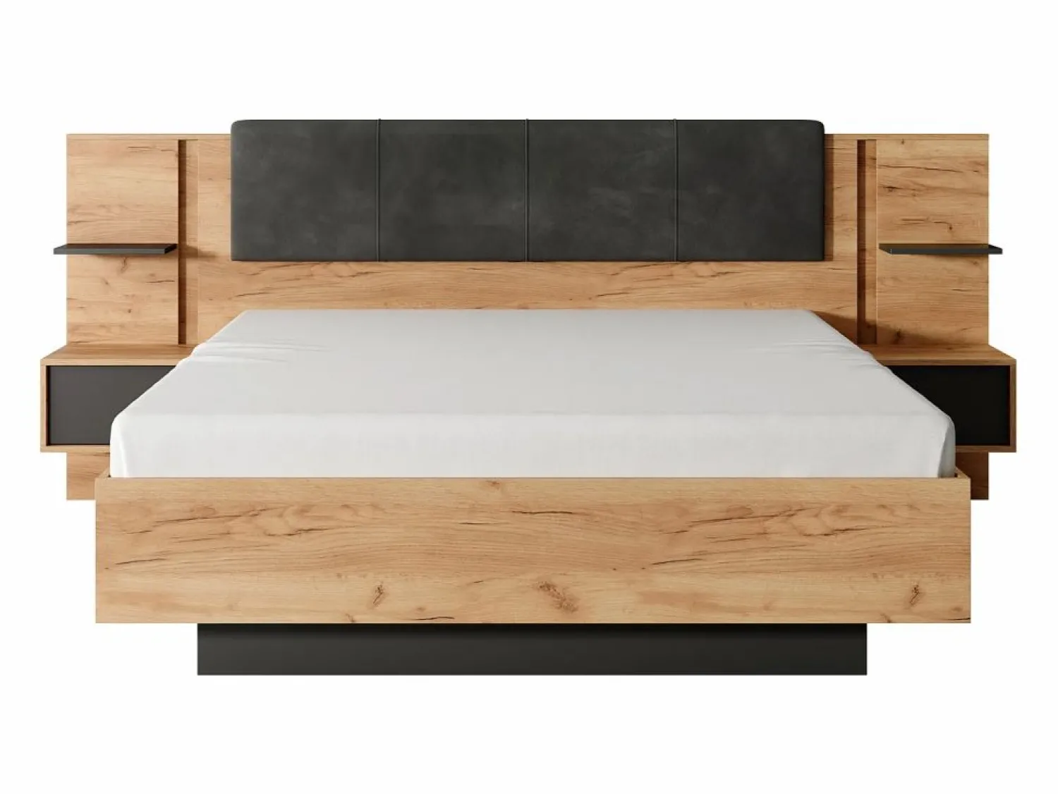 Vente-unique Canapé abatible y mesitas de noche 160 x 200 cm natural y antracita con LEDs - ELYNIA