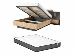 Online Vente-unique Canapé abatible y mesitas de noche 160 x 200 cm con LEDs natural y antracita + colchón - FRANCOLI Gris antracita / Color natural claro