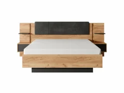 Vente-unique Canapé abatible y mesitas de noche 160 x 200 cm natural y antracita con luces LEDs + colchón - ELYNIA